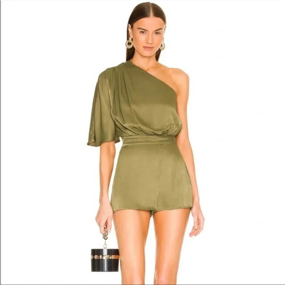 Michael Costello X Revolve Olive green satin romper - Picture 1 of 9